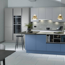 Blue and grey Handleless style kitchen